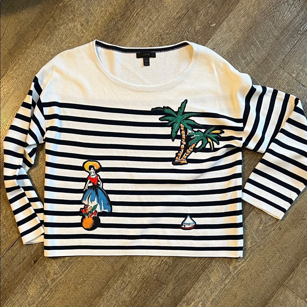 J. Crew Black and White Striped Top with Tropical Accents